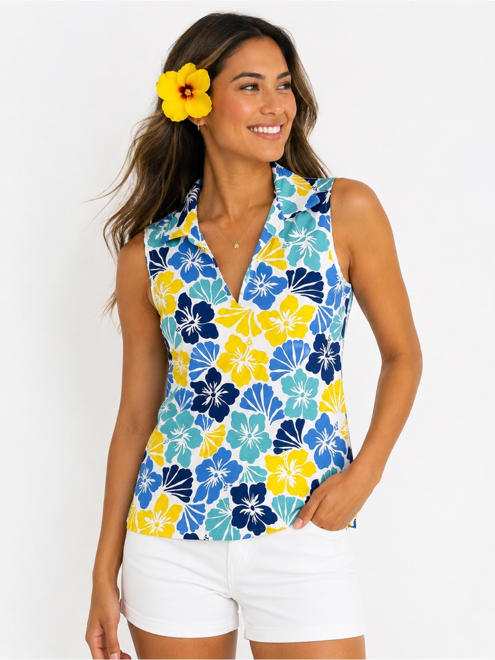 J.McLaughlin Sleeveless Tropical Floral Polo Top Blue Yellow Size XS – Pre-Owned